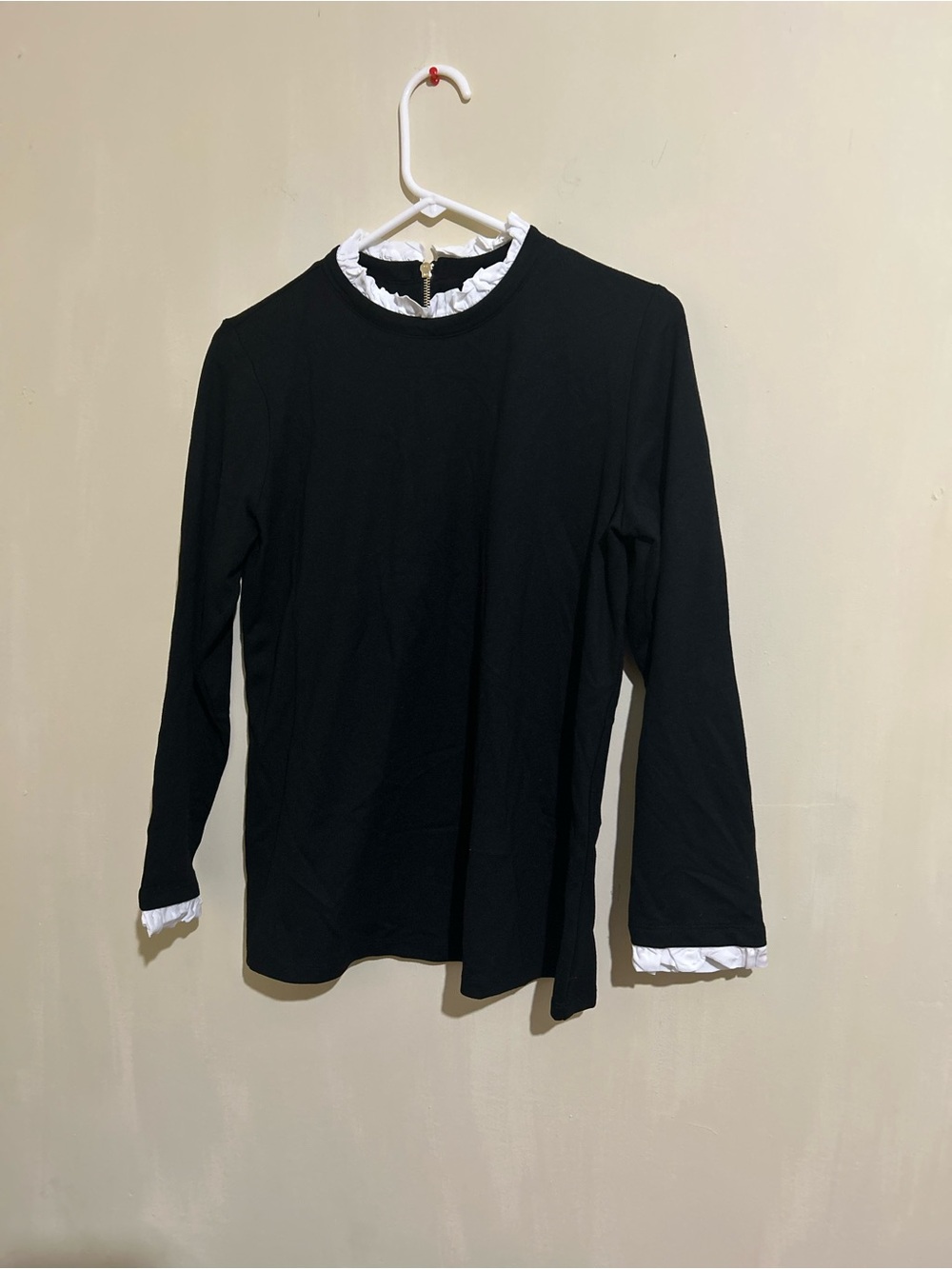 Girls Black Long-Sleeve Top with White Ruffle Trim